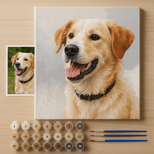 Personalisiertes Malen nach Zahlen - Hundeporträt mit Pinseln und Farbtöpfchen